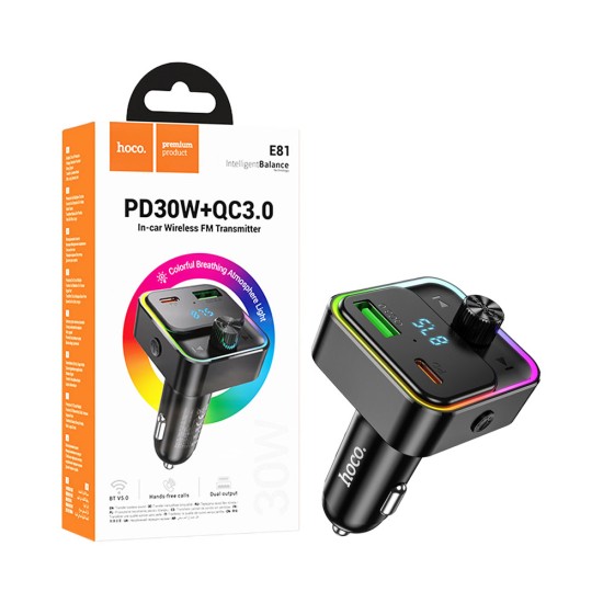 Transmissor FM Sem Fio Hoco E81 Fantasy com PD30+QC3,0 USB Preto